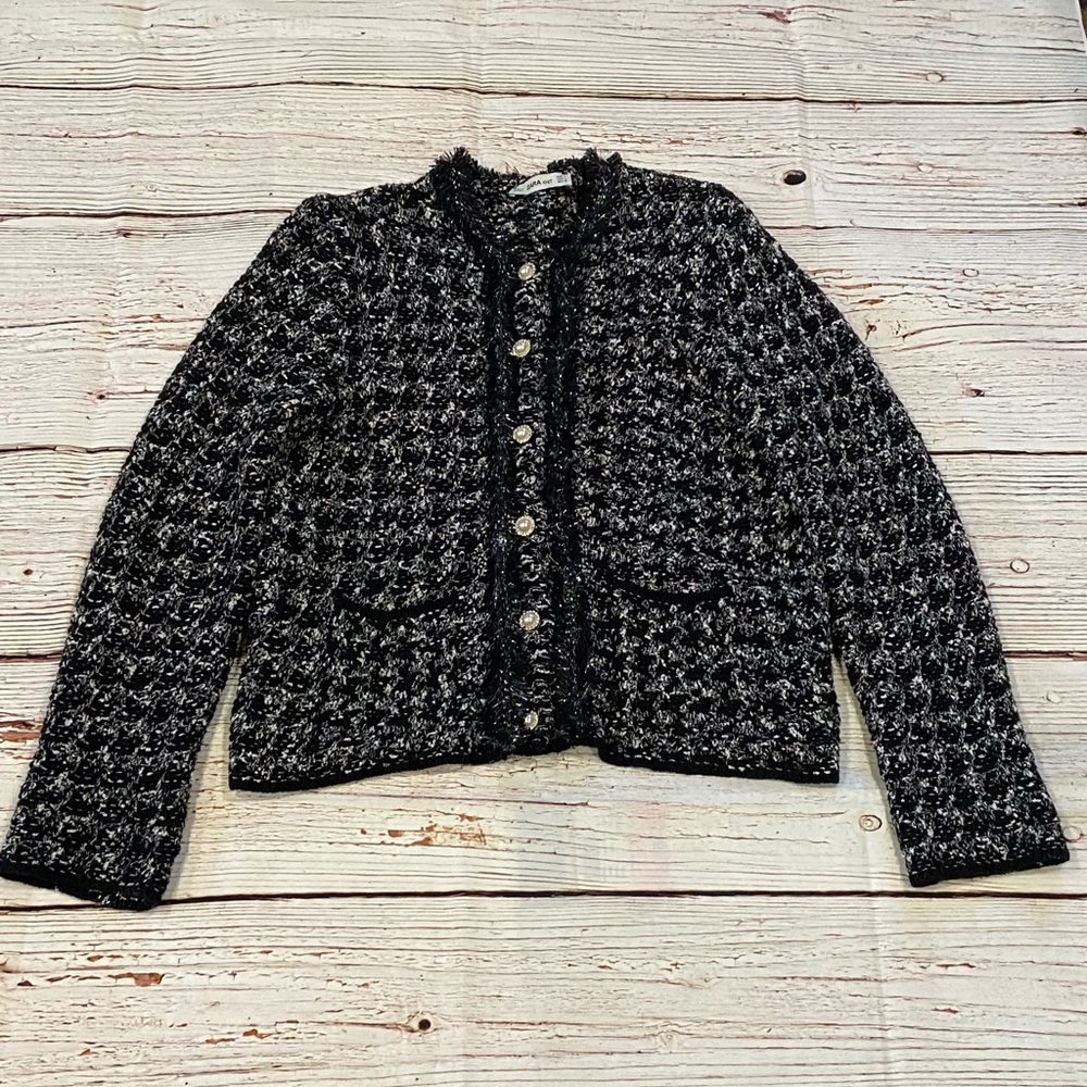 Zara Knit Black and White Lightweight Cardigan Sweater Sz L